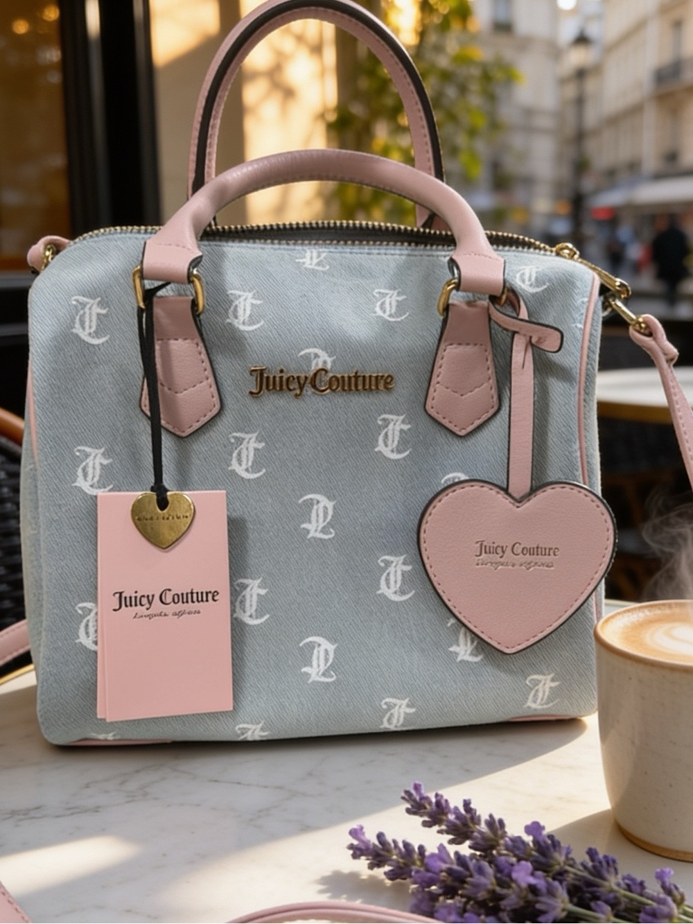 Juicy Couture Light Green 
Satchel crossbody with Pink Trim & Heart Charm